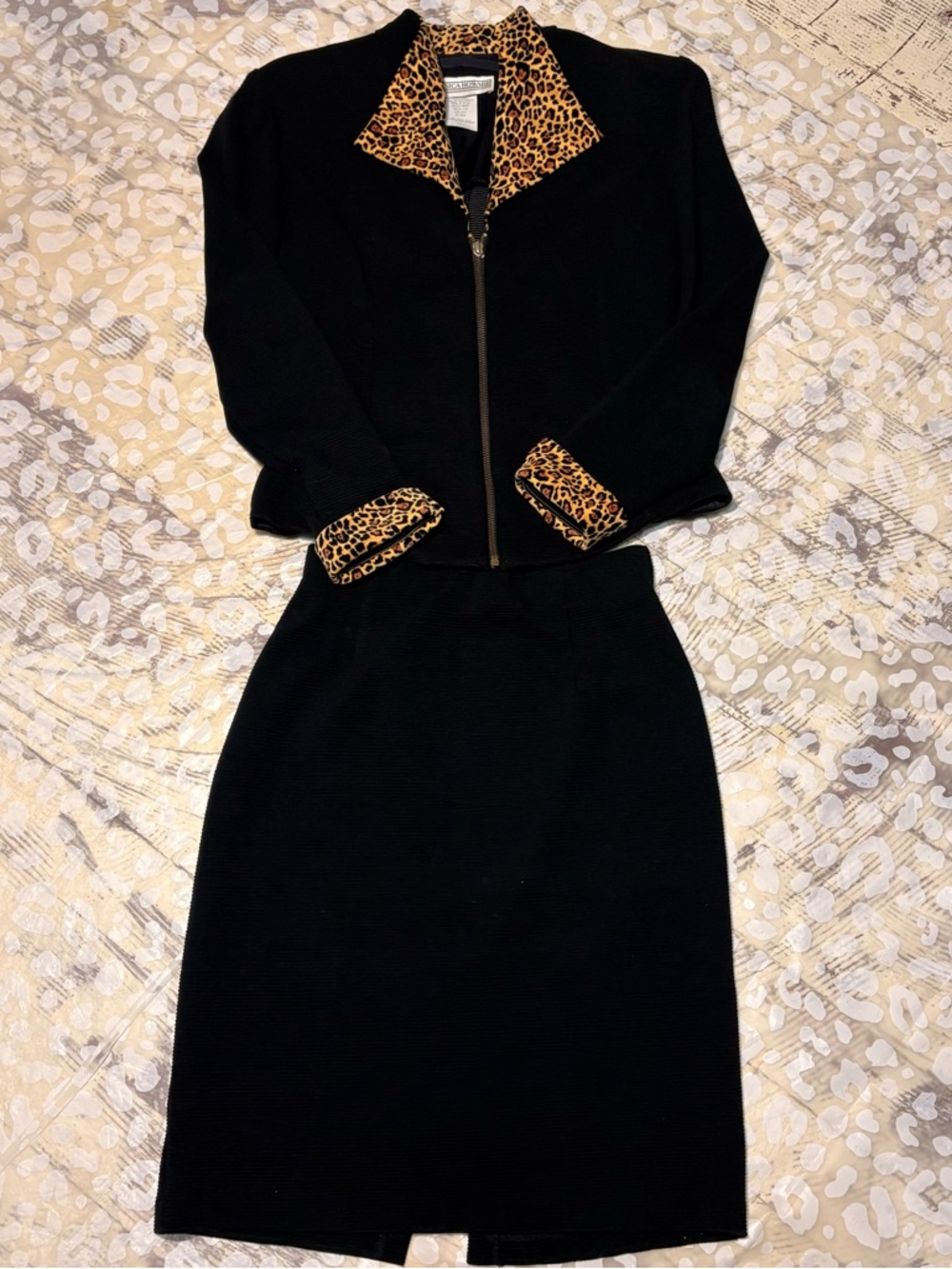 Jessica Howard Black Skirt Suit with Leopard Print Trim